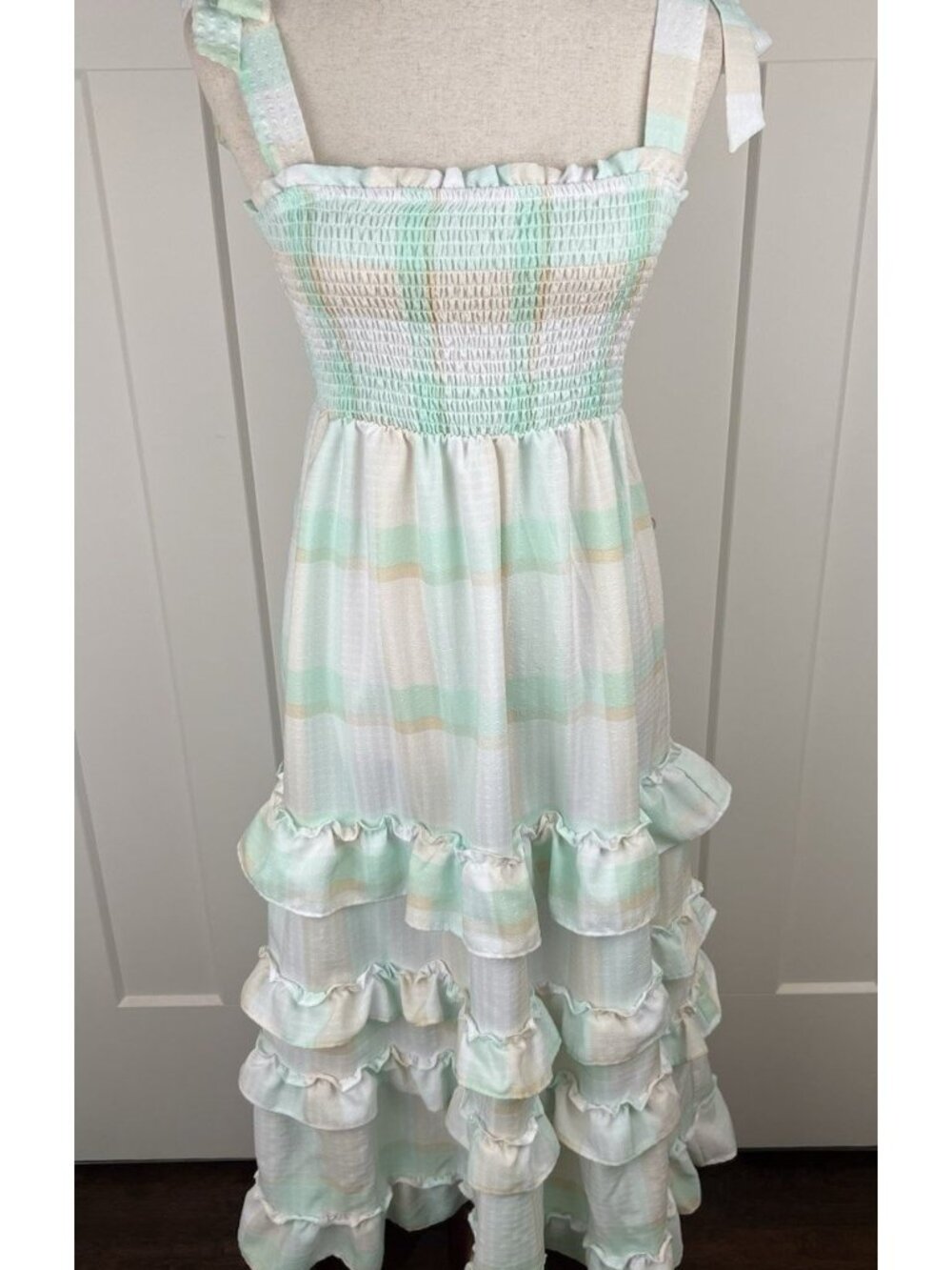 Moon River Smocked Ruffle Tiered Midi Dress Tie Shoulder Plaid Small Cottagecore